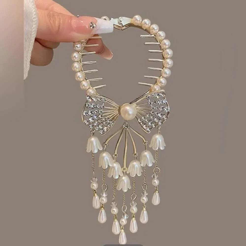 ✨🆕✨ Elegant Gold Tone Rhinestone Pearl Tulips Bells Bow Decor Hair Pin 🎀✨